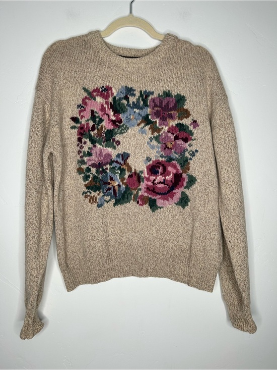 Eddie Bauer Sweaters - Vintage Eddie Bauer Tan Crewneck Sweater with Floral Wreath Wool Blend Large